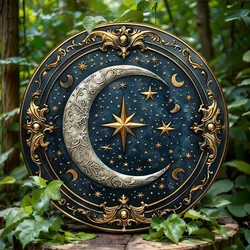 Stars and Moon Themed Wreath Sign, Round Aluminum Metal Decor Sign, for Home, Cafe, Apartmen, Living Room Wall Decoration