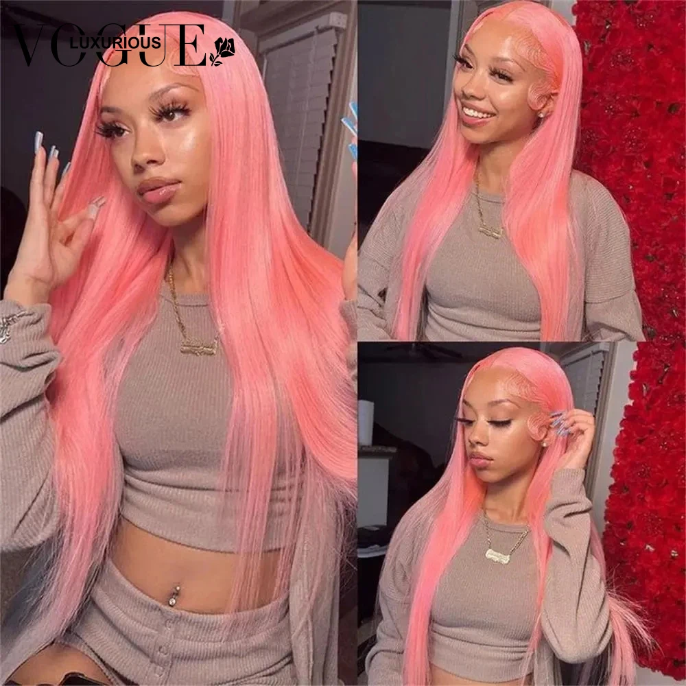 Wig Frontal renda rambut manusia Remy lurus berwarna Pink terang 13x4 Wig depan renda transparan untuk wanita