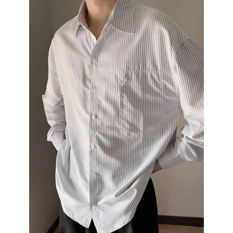 Blue Long Sleeved Shirt Men Fashion Society Mens Dress Shirt Korean Loose Casual White Striped Shirt Mens Office Formal Shirts