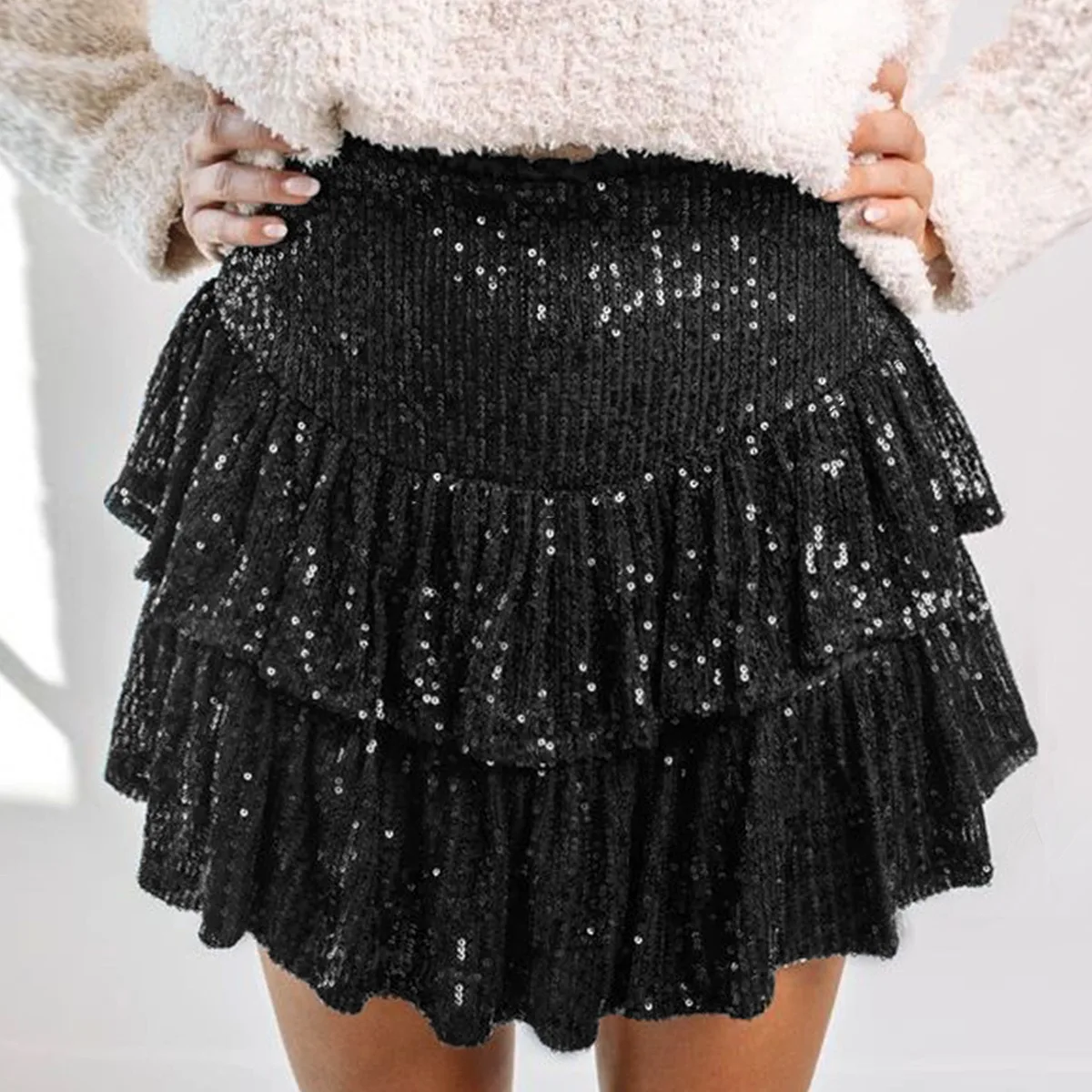 Seksowna spódnica z cekinami, z wysokim stanem, plisowana, modna, jesienna, transgraniczna spódnica z perłami, długość do kolan.