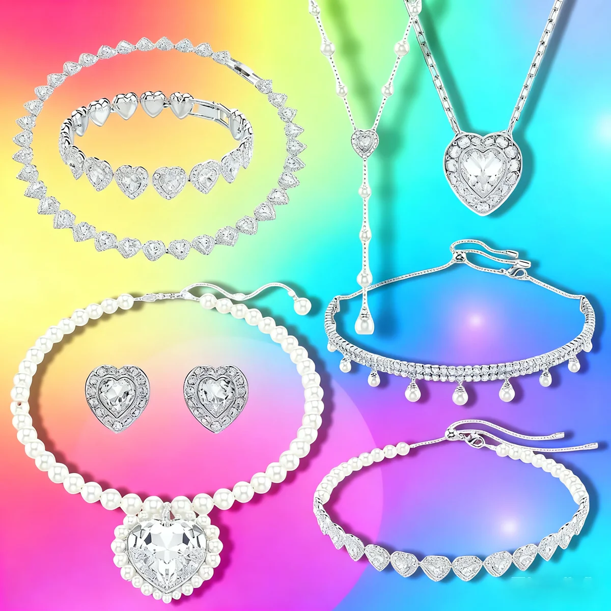 

Hot selling styles: heart-shaped diamond necklace, bracelet and earring set, pearls in various styles, high-end women's jewelry