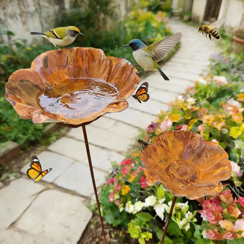 Rostbeständiger Gartenpfahl-Vogeltränke-Futterständer, 2er-Pack, Metalldekoration für Terrasse, Garten und Außenbereich – Detail 4