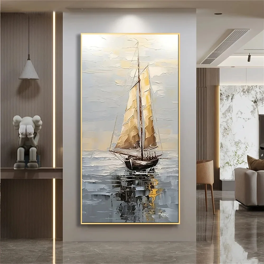 

Abstract Seaside Scenery Heavy Textured Thick Oil Painting Sailing Boat Ship Art Hand-painted Unframed Seascape Wall Canvas Art
