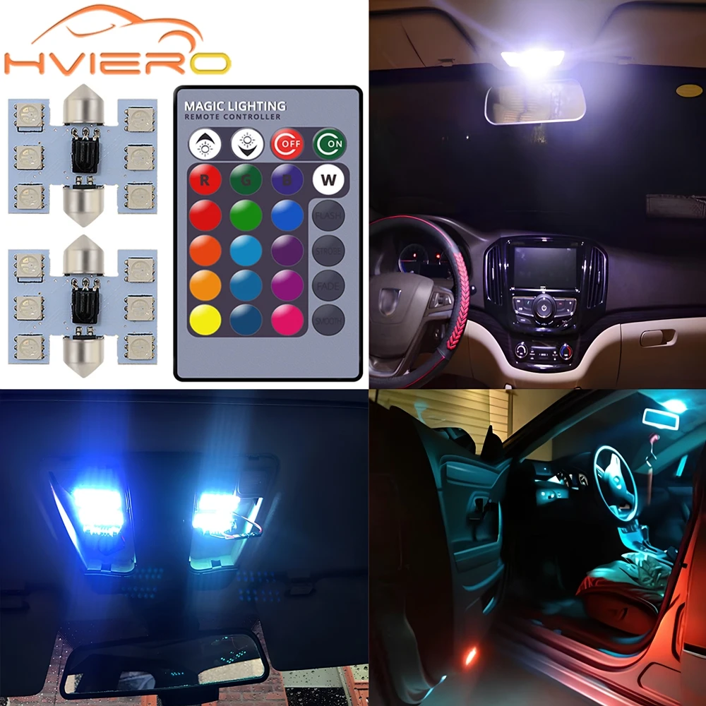 2pcs 6SMD RGB Roof Dome Festoon Reading Lamp C5w Car Auto Remote Controlled Atmosphere Led Welcome Light Turn Signal Trunk Bulb