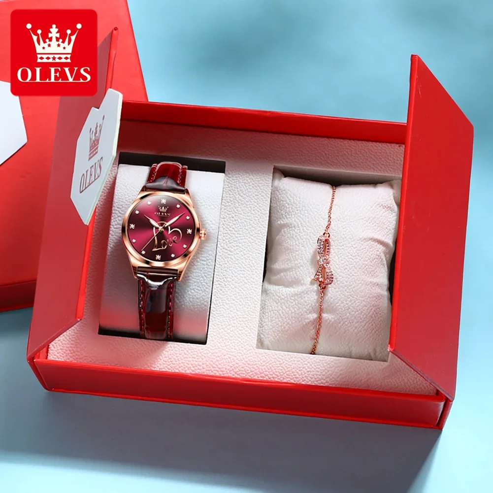 OLEVS-Relógio de quartzo luminoso impermeável feminino, pulseira de couro, mostrador de amor, elegantes relógios de pulso, moda