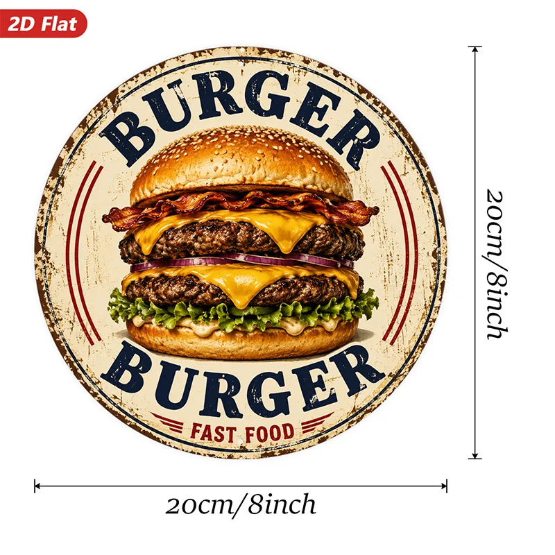 2D Flat, 1pc Burger Stack Vintage Logo Round Metal Sign Wall Art, Grilled Beef Patty, Perfect for Living Room Studio Dining Room