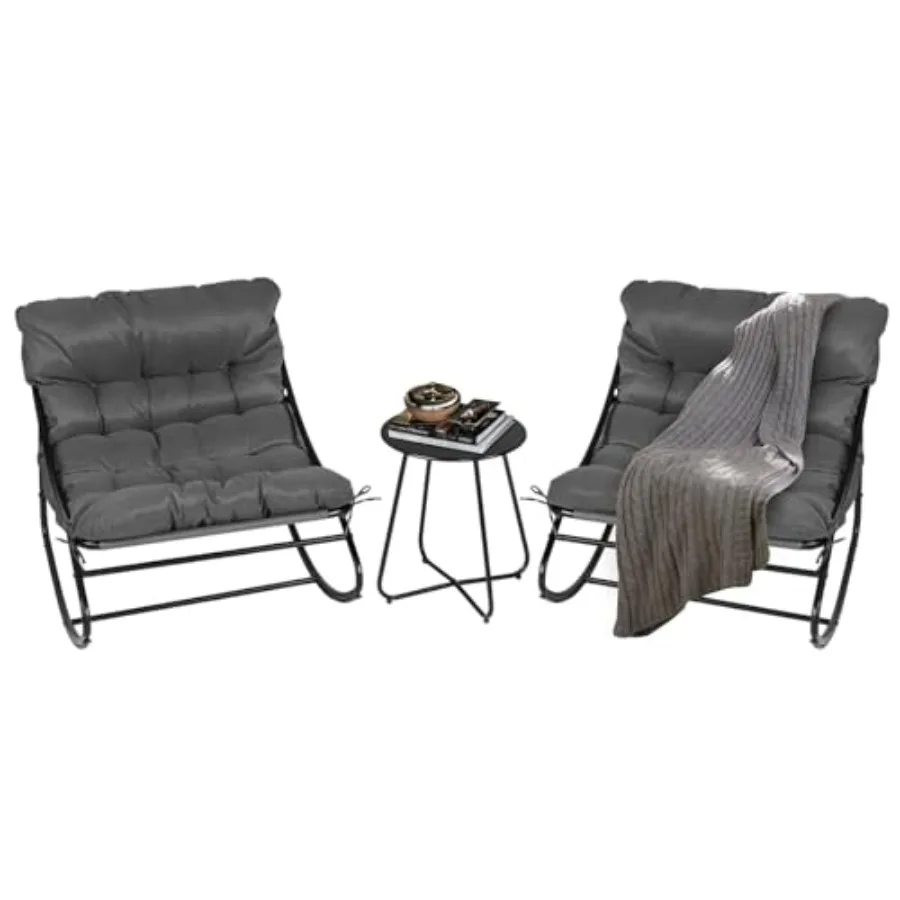 VINGLI Rocking Patio Chairs Set of 2 with Side Table Heavy Duty 400 LBS Capacity Padded Outdoor Indoor Rockers Grey