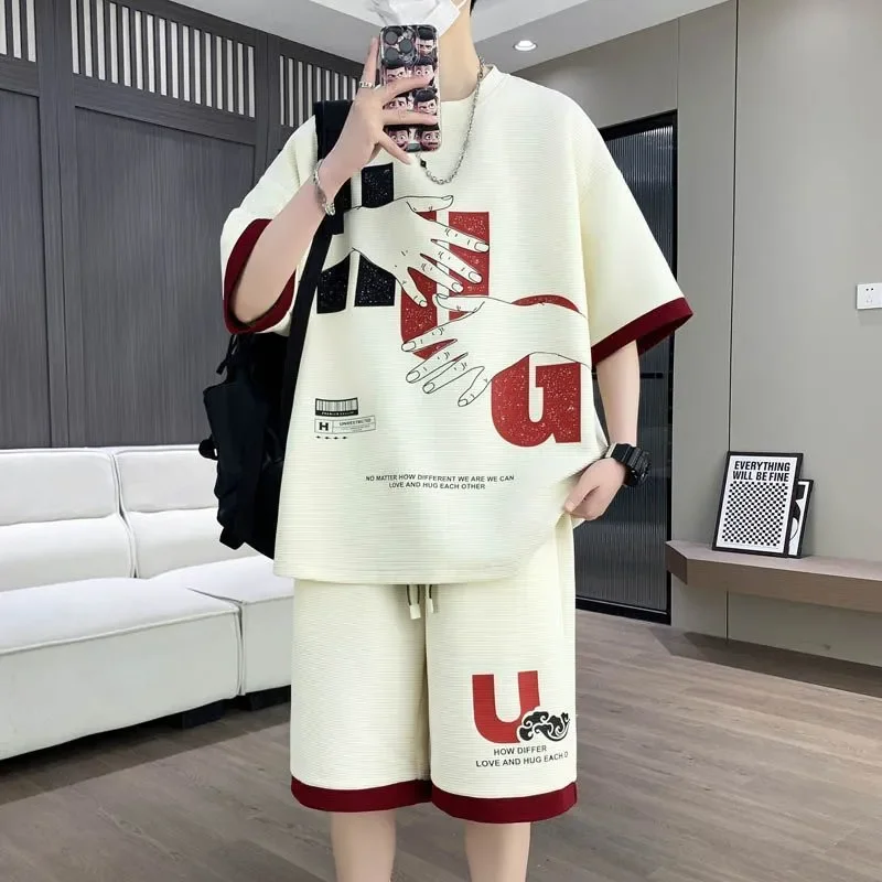 

Teen Boys Contrast Cuff Two Piece Set Summer Loose Hand Letter Print Short Sleeve Tee Drawstring Shorts M 4XL