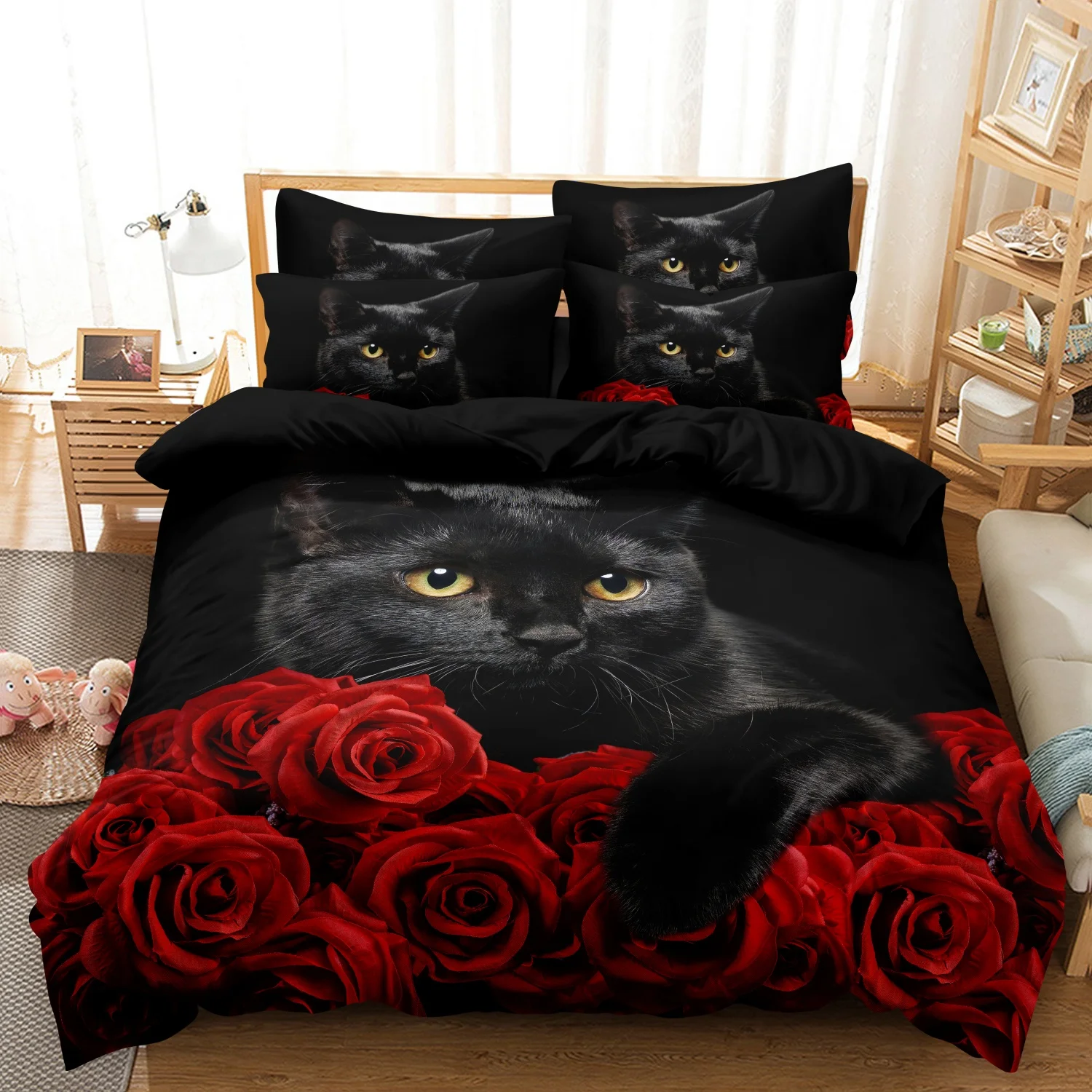 Parure de lit 3 pièces imprimé chat noir yeux jaunes rose rouge, style gothique sombre, motif floral rouge épanoui pour animaux de compagnie félin