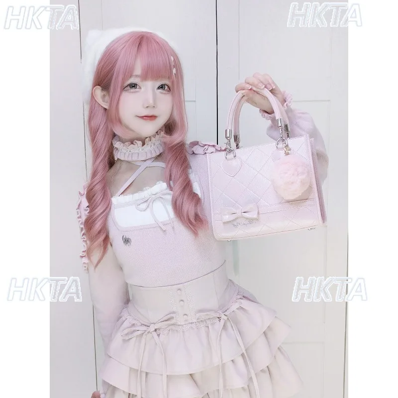 Original Japanese Mini Tote Bag Sweet Kawaii Soft Girl Portable Oblique Straddle Bag Women Sweet Love Bow Black Leather Backpack