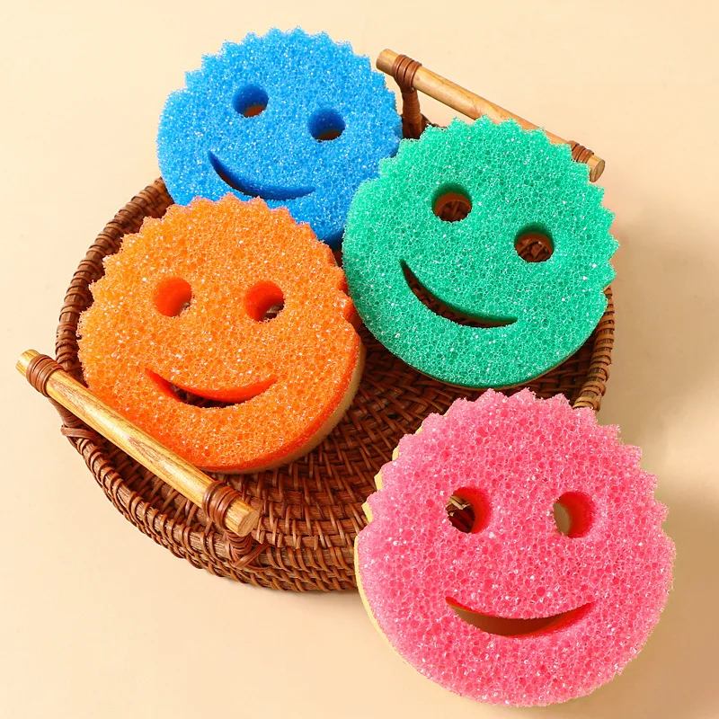 4pcs Smiley Face Cleaning Sponge, Double-Sided Non-Scratch Scrubber for Kitchen Dish, Pot & Daily Cleaning