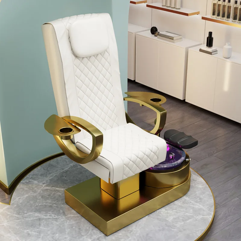 Keyunshi Electric Pedicure Chair, Luxury Gold & White Nail Salon Chair with Foot Spa Tub & LED Light, Adjustable Reclining Pedic