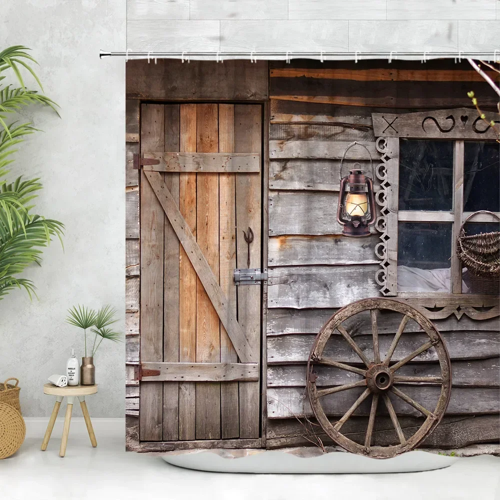 Vintage Wooden Door Shower Curtain, Farm Barn Door Wheel Horseshoe Pentagram Rustic Plank Home Bathroom Decoration Curtain Set