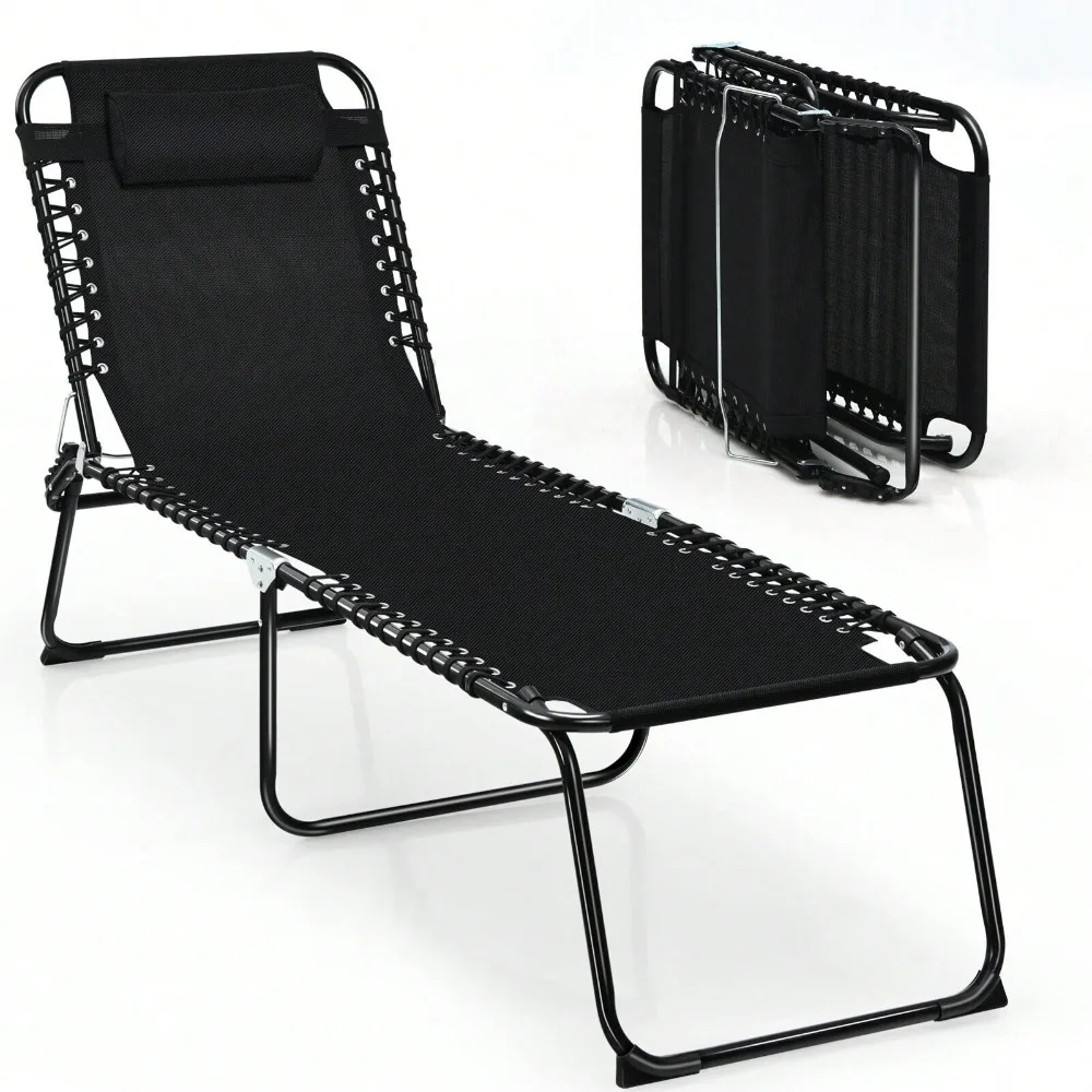 Folding Beach Lounge Chair 4-Level Backrest Heightening Design Black