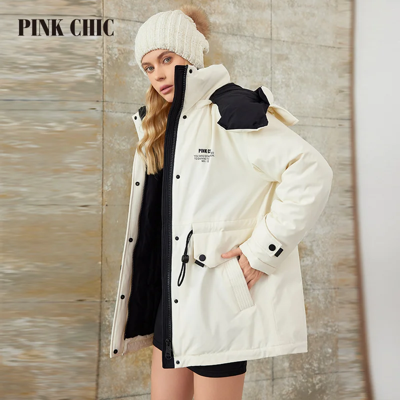 PINK CHIC 2023 New Winter Coat Women Down Jackets Fashion colorful Warm Lace up Hooded short version Parka Female W6566