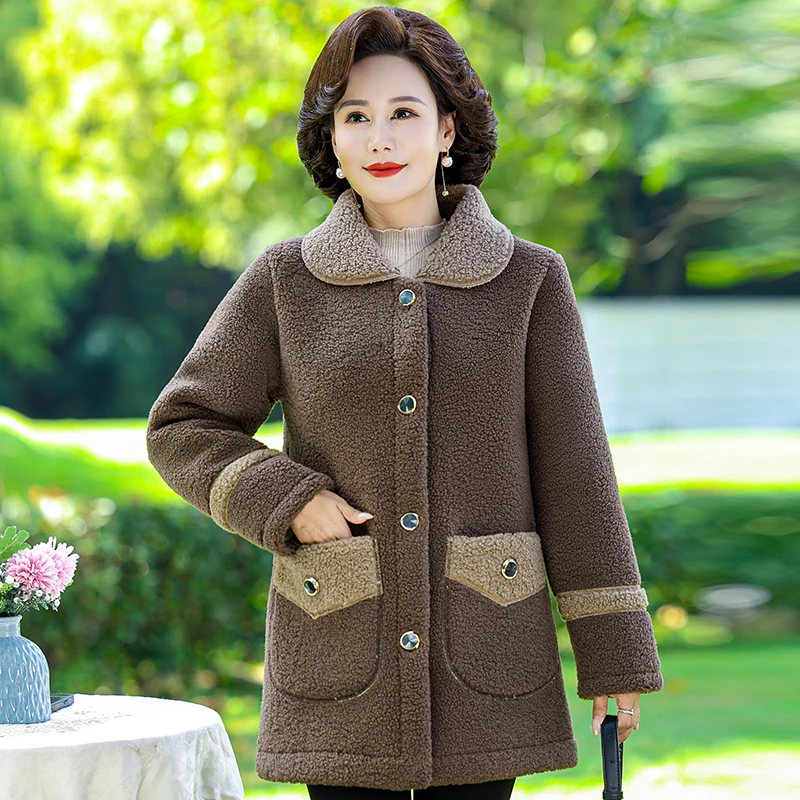 Autumn Winter Women Jacket Thick Fleece Warm Coat Ladies Lamb Fur Coat Mid-Long Loose Mother Dress Female Jacket