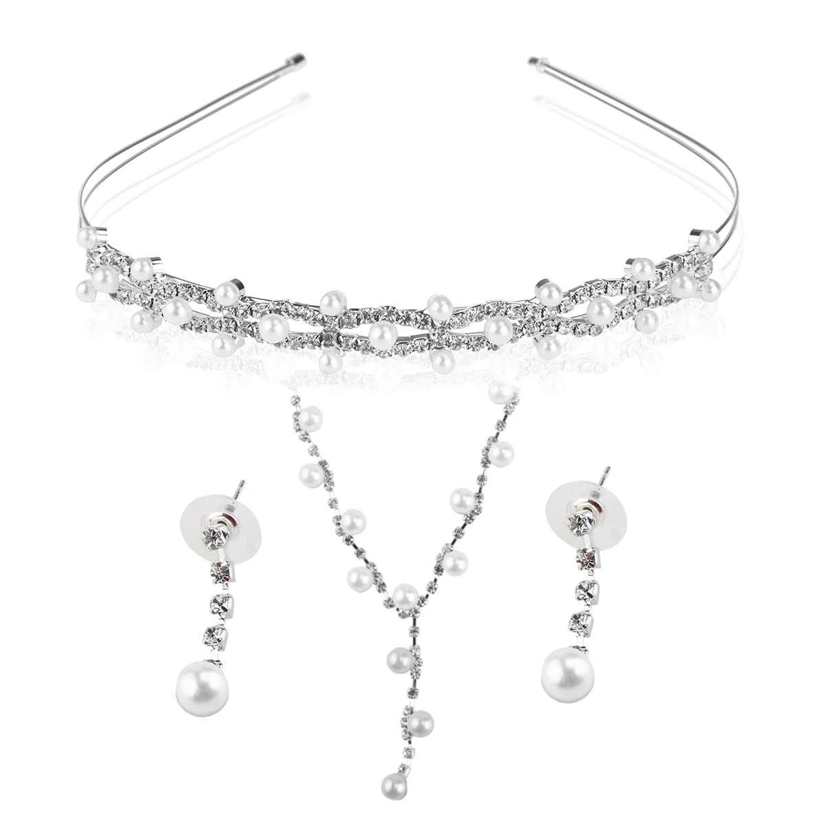 

Bridal Wedding Jewelry Set Silver Rhinestone Pearl Tiara Necklace Earrings Diamond Look Hard Texture Multiple Occasions