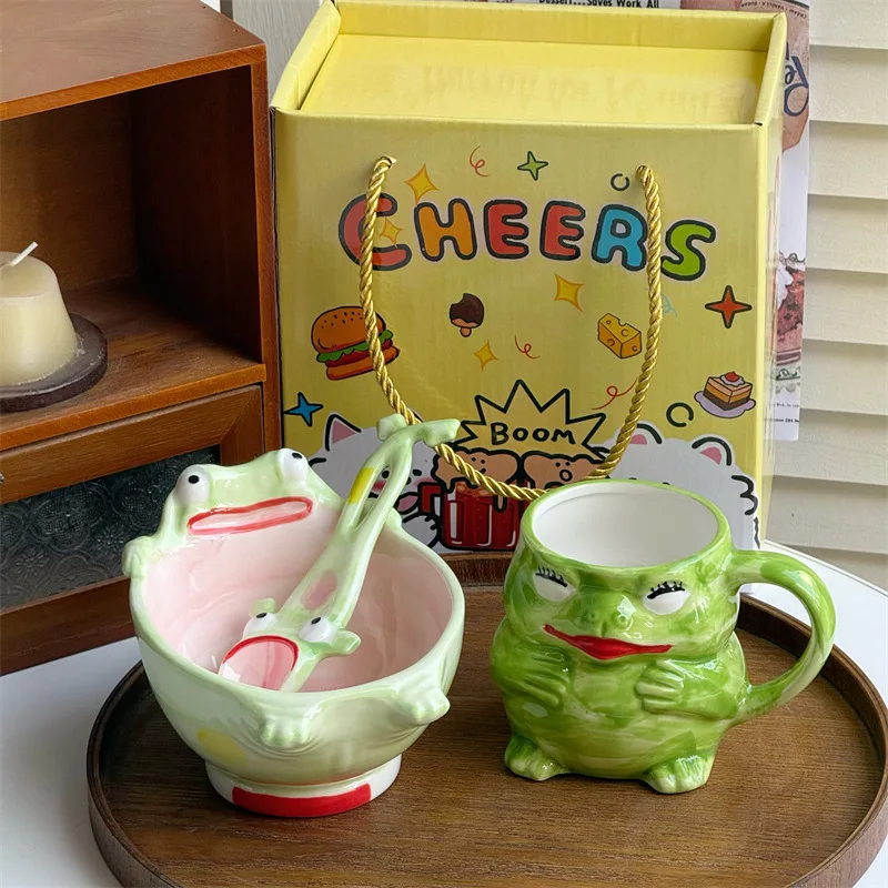Cartoon Frog Shaped Ceramic Salad Bowls Set with Funny Spoon for Noodles Rice Soup - Creative Tableware for Kids And Adults