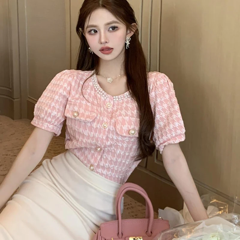 Rimocy Fashion Beading Round Neck Shirts Women Summer Korean Short Sleeve Pink Blouses Woman Chic Pearls Button Up Crop Tops