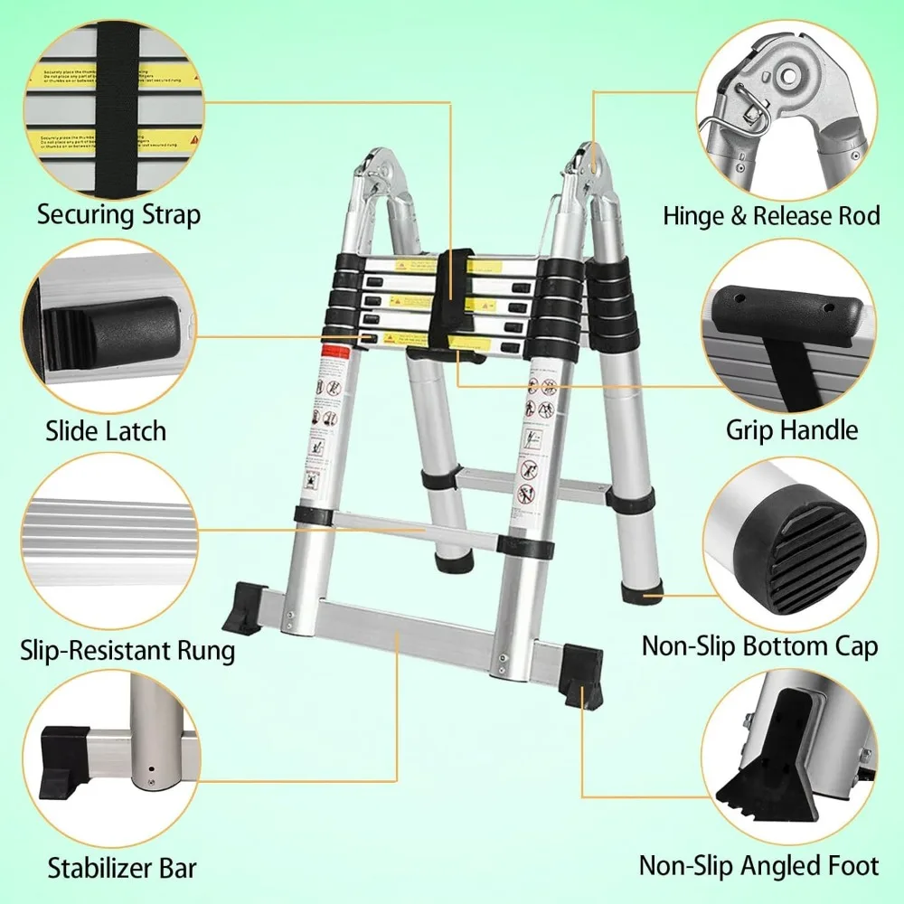 Aluminum Telescopic Ladder - 12.5FT Folding Extension A-Frame 3.8m Straight Ladder Portable Multi-Purpose with 1.9m+1.9m Section