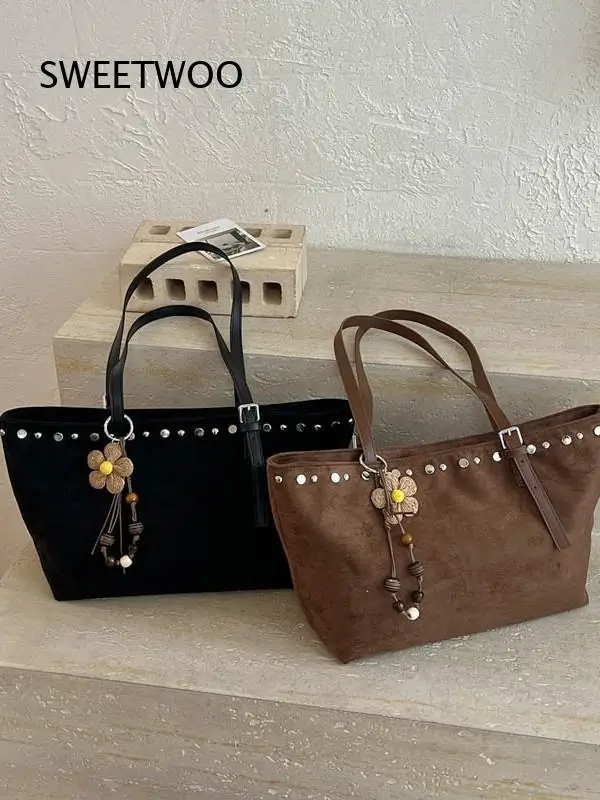 Brown Faux Suede Tote Bag Silver Rivet Decor Adjustable Shoulder Strap Large Capacity Fall Commute Purse