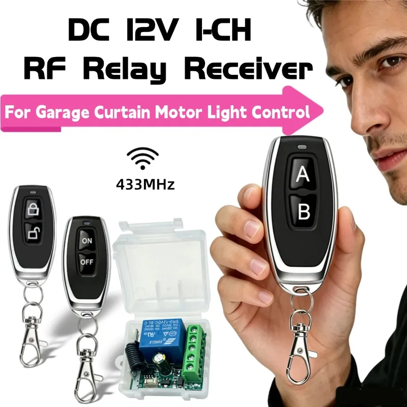 DC 12V/24V 6-30V 433Mhz Wireless Remote Switch Relay Control 1Channel for Motor/Garage Door/Lighting/Curtains +1/2 Key Remotes