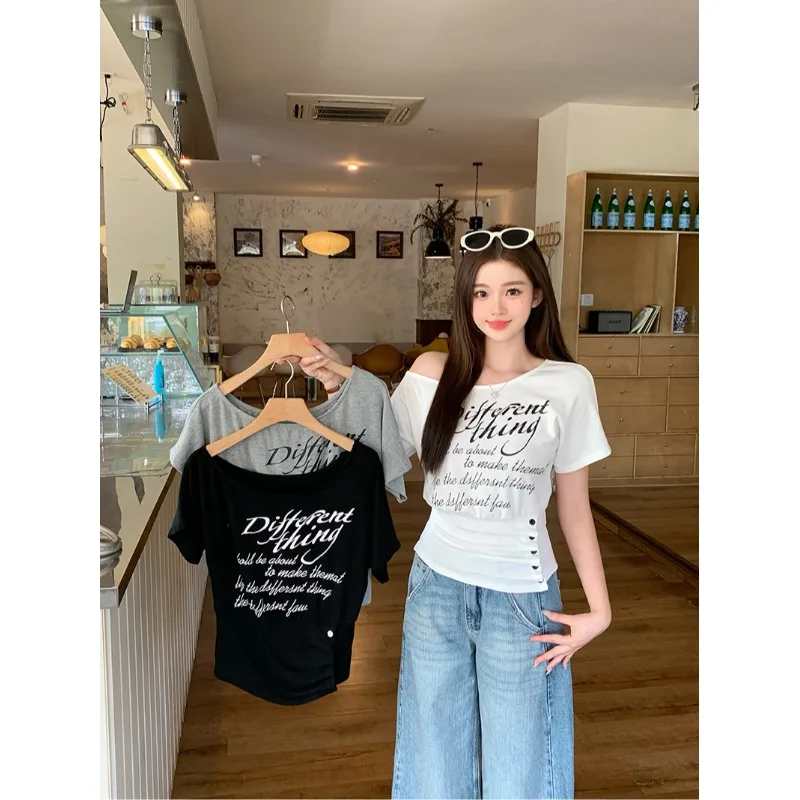 

plus Size Women's T-Shirt 2026 New Style Pure Desire Design Letter Print Oblique Collar Slimming Short Sleeve Summer Top