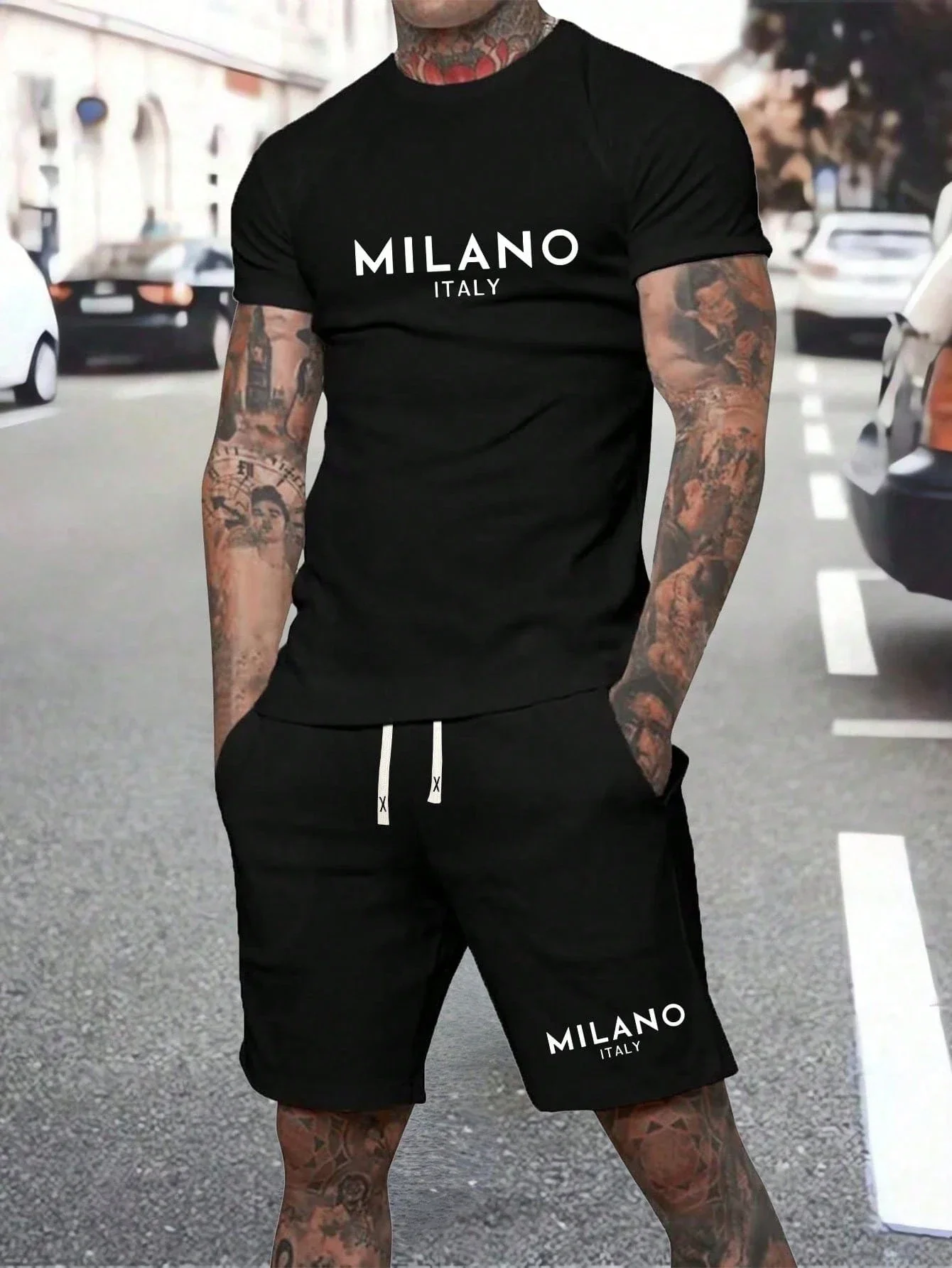 Men's Casual Summer 2-Piece Set: Short Sleeve T-Shirt And Drawstring Shorts With Letter Print