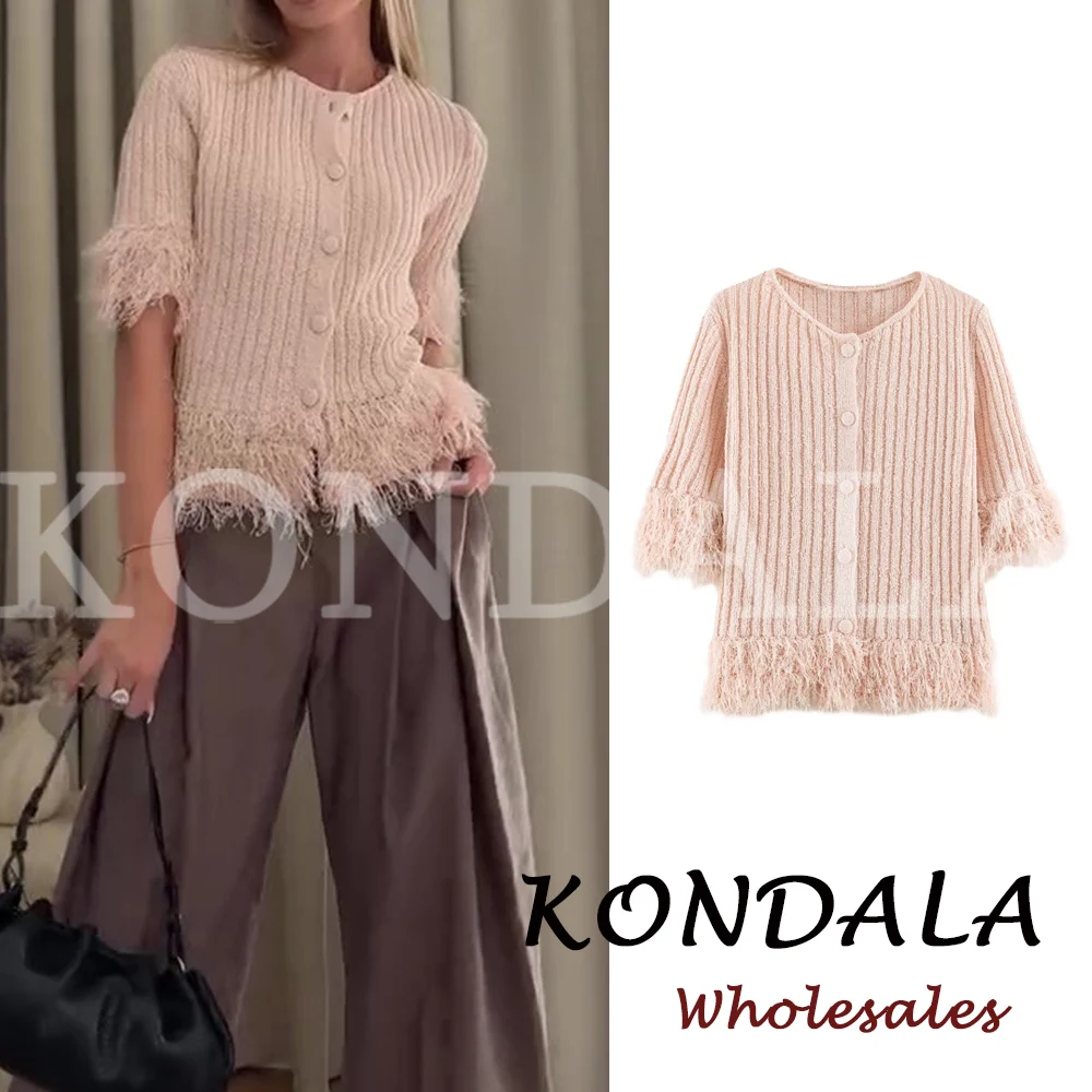 KONDALA Chic Pink Vintage Knit Women Autumn Casual Sweater O-Neck Tassel Knitwear Fashion 2026 Chic Female Streetwear Cardigans
