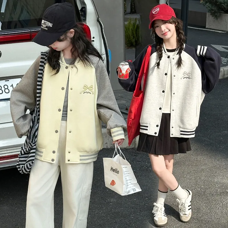 Girls Baseball Jacket Spring Autumn Casual Sports Bow Letter Embroidered Button Down Varsity Coat Cool Girl Children's Clothing