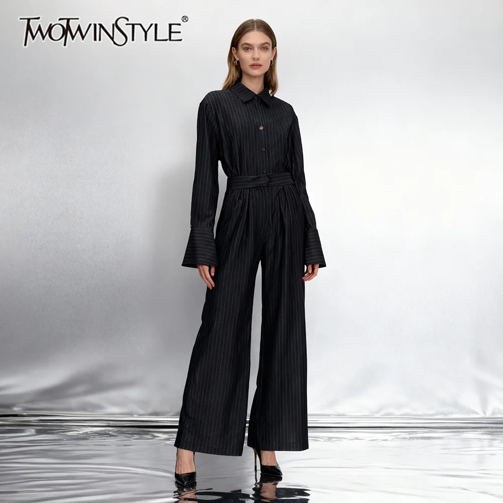 TWOTWINSTYLE Striped Casual Two Piece Sets for Women Lapel Long Sleeves Shirt High Waist Spliced Shirring Pant Set Female New
