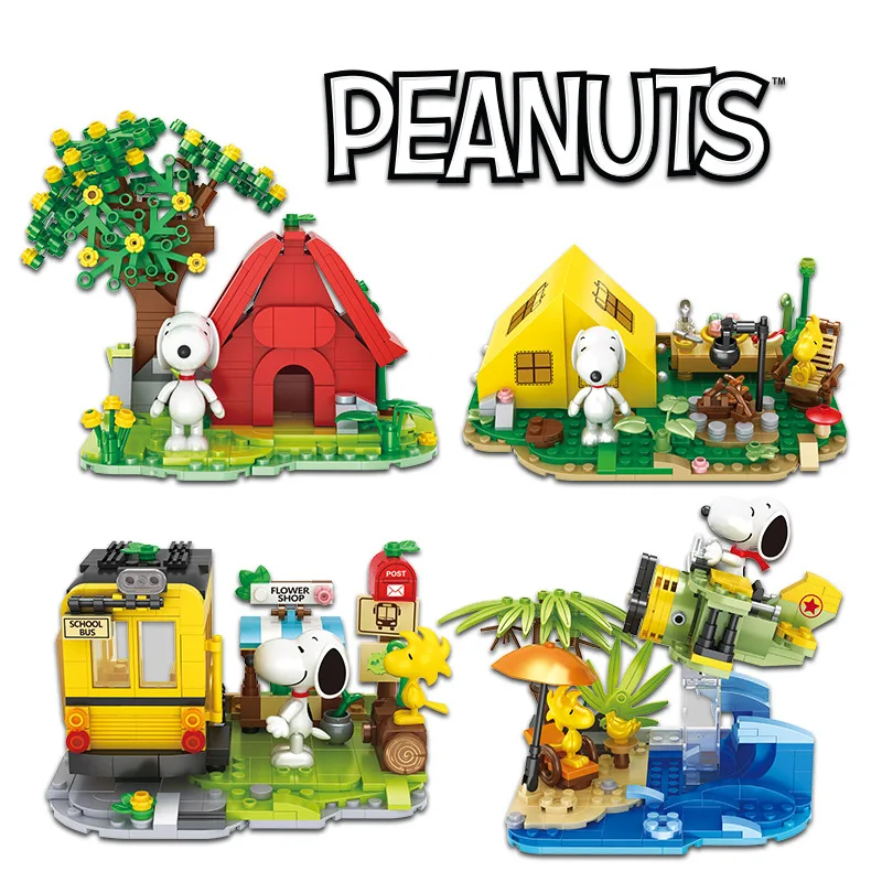 Figuras de Snoopy de dibujos animados Kawaii para niños, Peanuts genuinos, bloques de construcción, juguetes educativos de ensamblaje, regalos