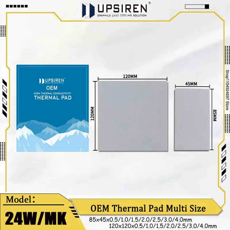 

UPSIREN OEM 24W/MK Thermal Pad CPU High Thermal Conductivity Silicone Pad 45x85/120x120mm Insulation Heat Reduction Sheet Grey