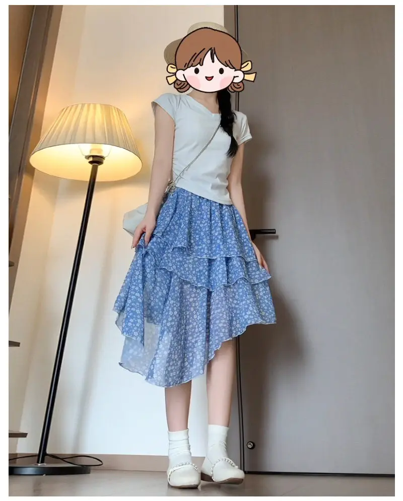 Coquette French Floral Print Tiered Cake Midi Skirt Women High Waist Asymmetrical Hem Flowy Casual Daily Vacation Outfit