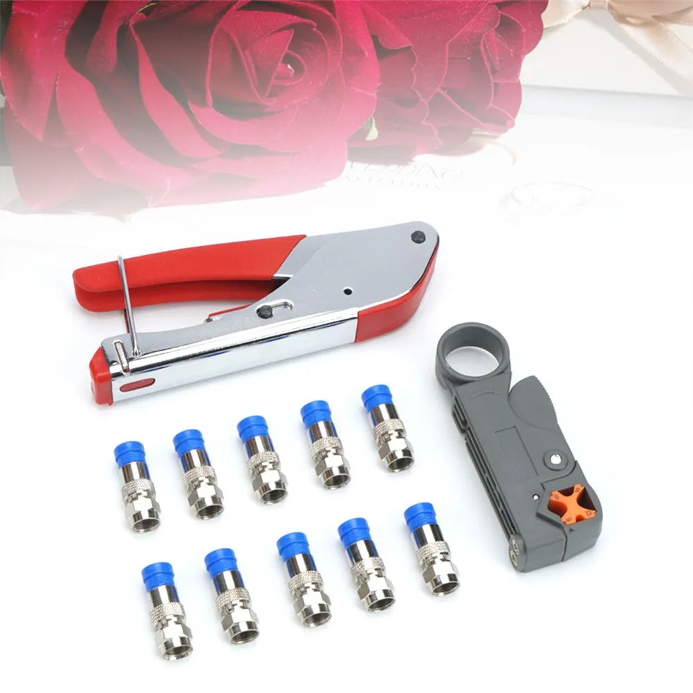 10Pcs Coax Cable Crimper Kit Adjustable Wire Stripping Pliers Rotatable Head for Rg6 Rg59 Rg58 Compatible Compression Connectors
