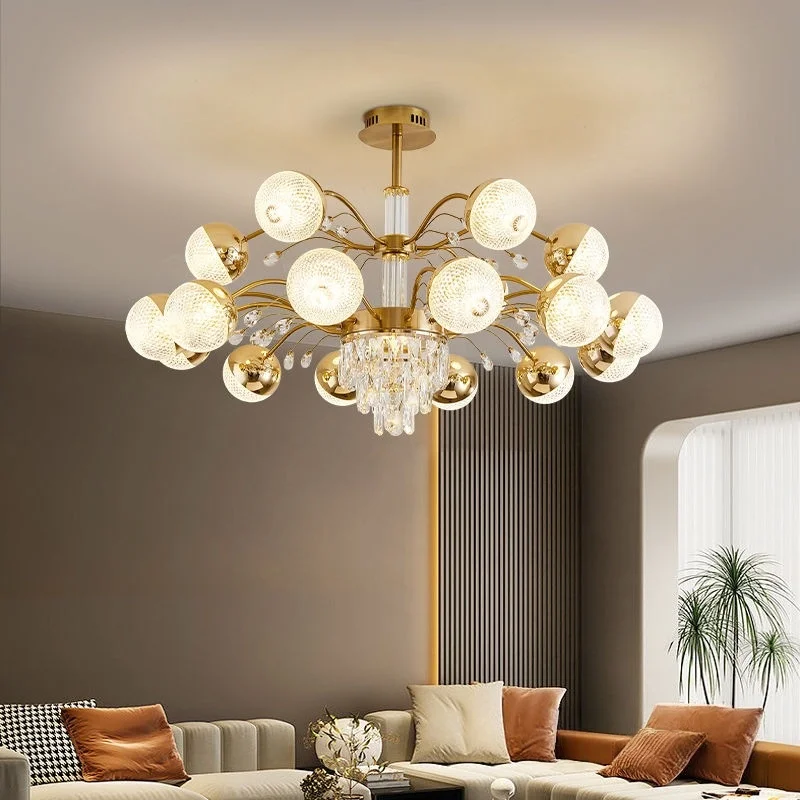 New Style Living Room Golden Crystal Chandelier With Three Color Dimming Suspension Dining Room Bedroom Villa LED Chandelier