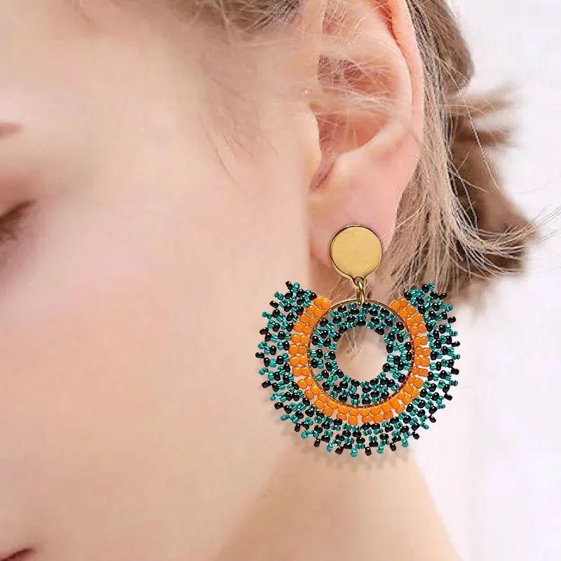 Rice bead earrings Sunflower Originality Colour Hand knitting Bohemia Crystal Fashion Simple Alloy Beaded earrings