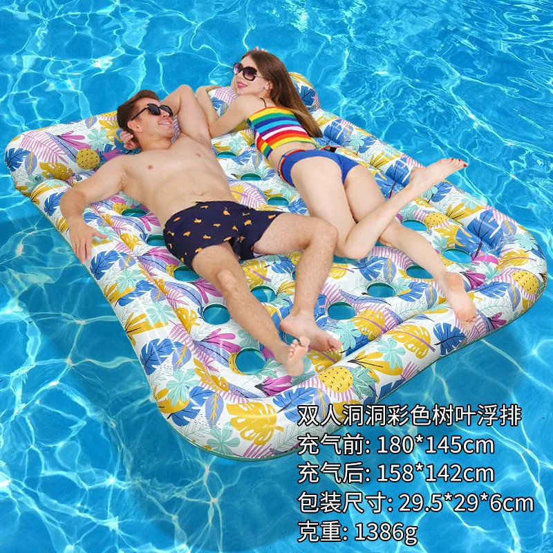 Air Mattresses，Environmentally Friendly Thickened Hole Tree Leaf Pattern Inflatable Floating Bed with Pillow and Double Float