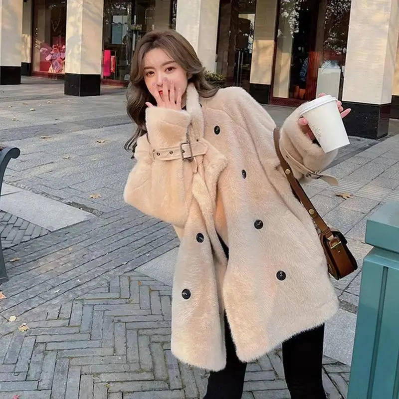 Winter Warm Faux Fur Coat Stand Collar Thickening Fluffy Long Sleeve Loose Casual Stylish Fashion Street Wear Overcoat T127