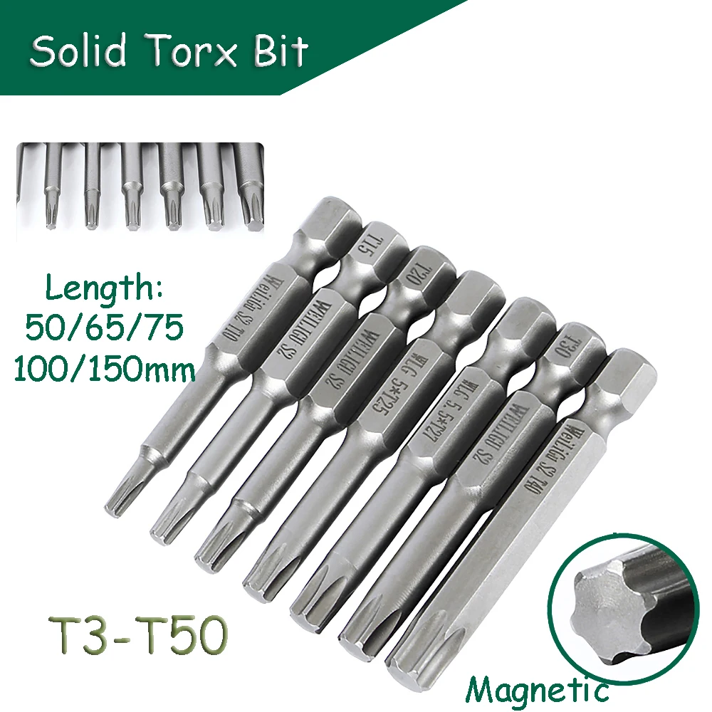 

Torx Head Bit Set Solid Screwdriver Magnetic 1/4" Hex Shank S2 Steel 50/65/75/100/150mm Long Drill Bits Security Bits T3-T50