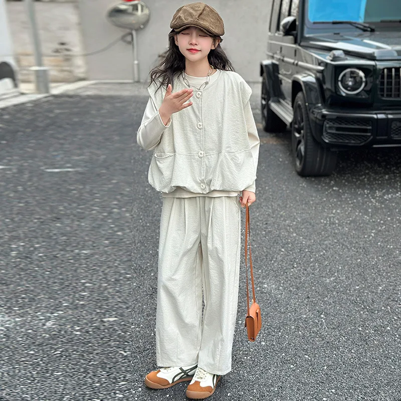Three-piece SetCotton Vest T-shirt Wide-leg Pants Grils Children Spring Autumn New Fashionable Korean Loose Casual