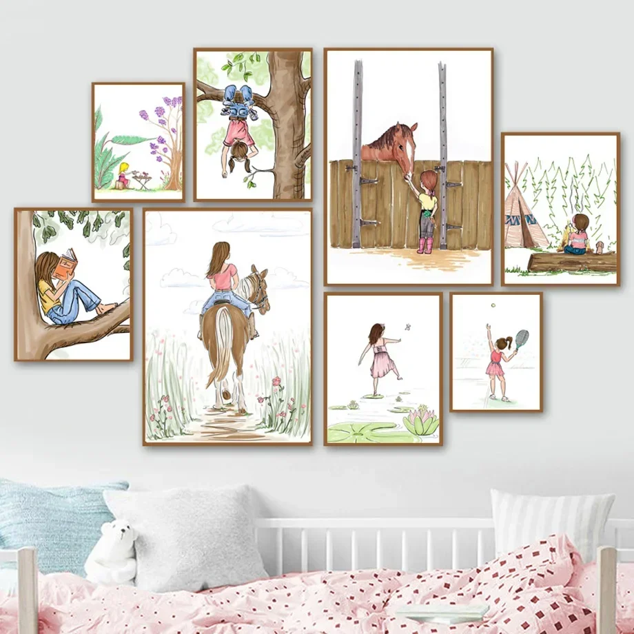 Libro de lectura de árbol de tenis, flor natural, lirio, caballo, cuadro sobre lienzo para pared, carteles nórdicos e impresiones, imágenes de pared, decoración para habitación de niña