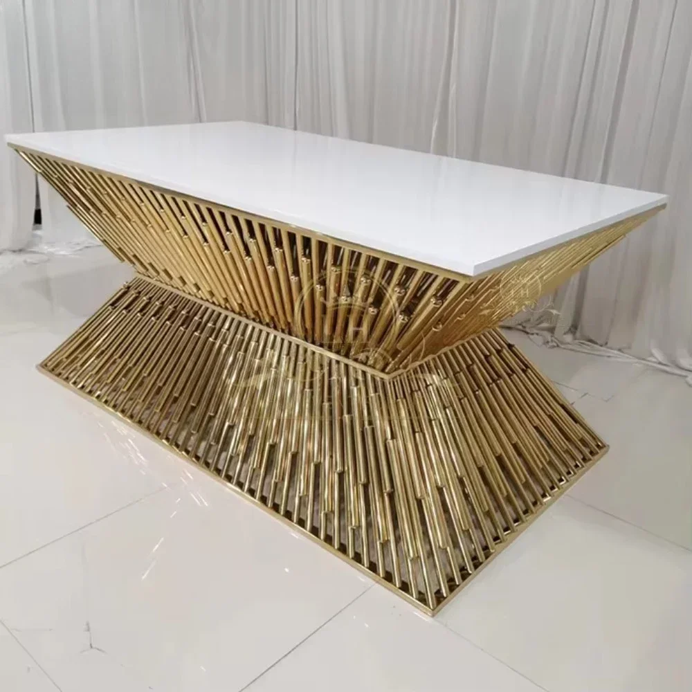 

Custom Table Size Hotel Event Furniture Gold Stainless Steel White MDF Top Wedding Table