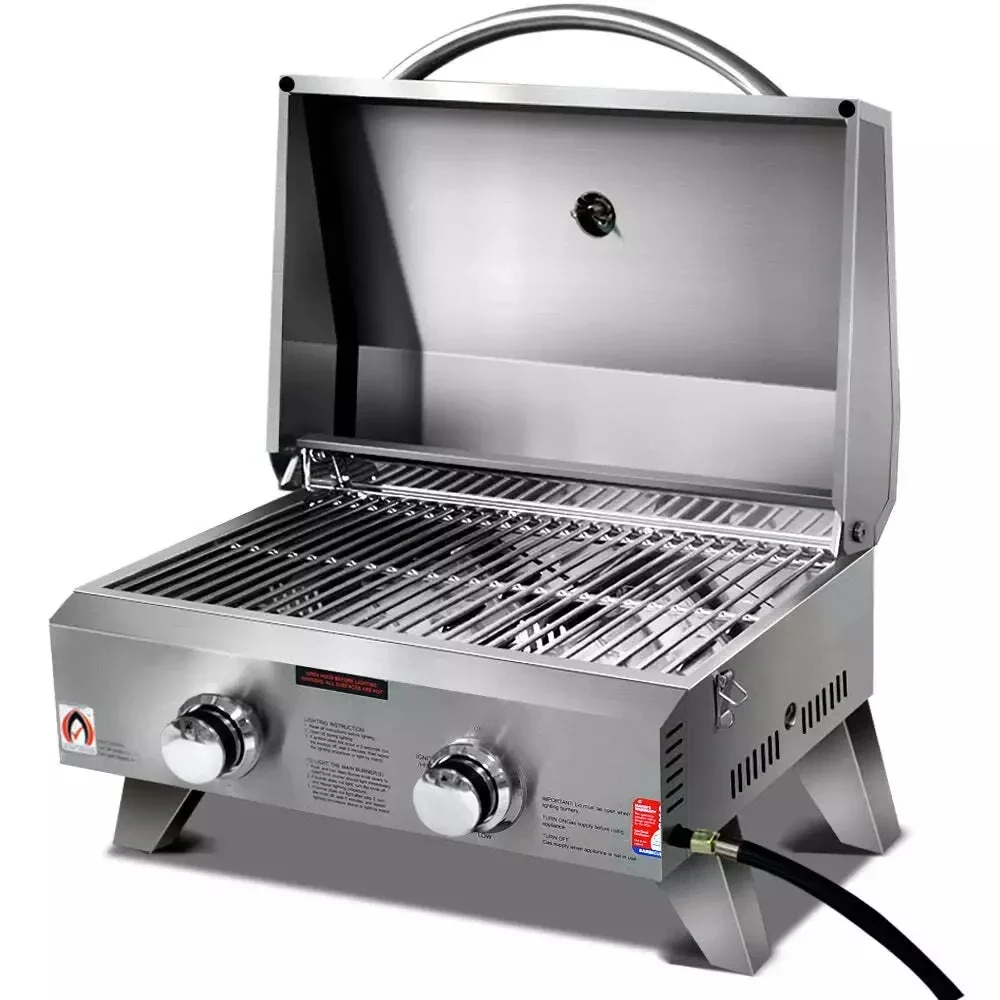 Stainless Steel Portable Gas Grill with 2 Buner  Compatible Butane LPG  Camping Use  Smoker  outdoor  bbq tabletop  pizza oven