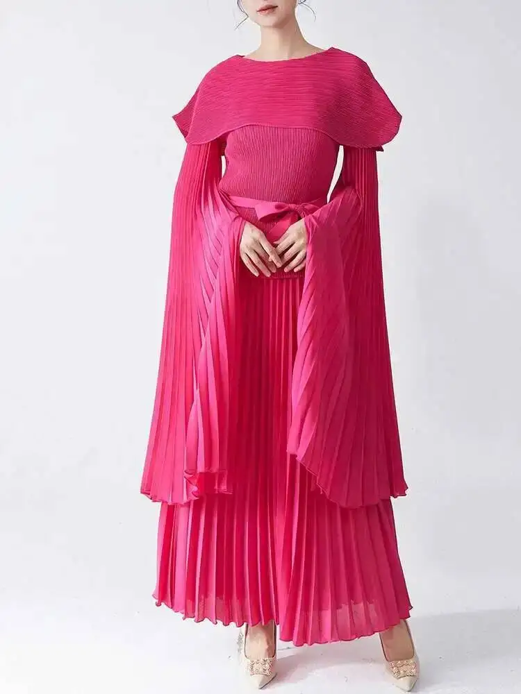 Pleated 2 Pieces Sets For Women Round Neck Long Batwing Sleeves Bandage Shirts With A Line Skirts Female Fashion 2ZRO1
