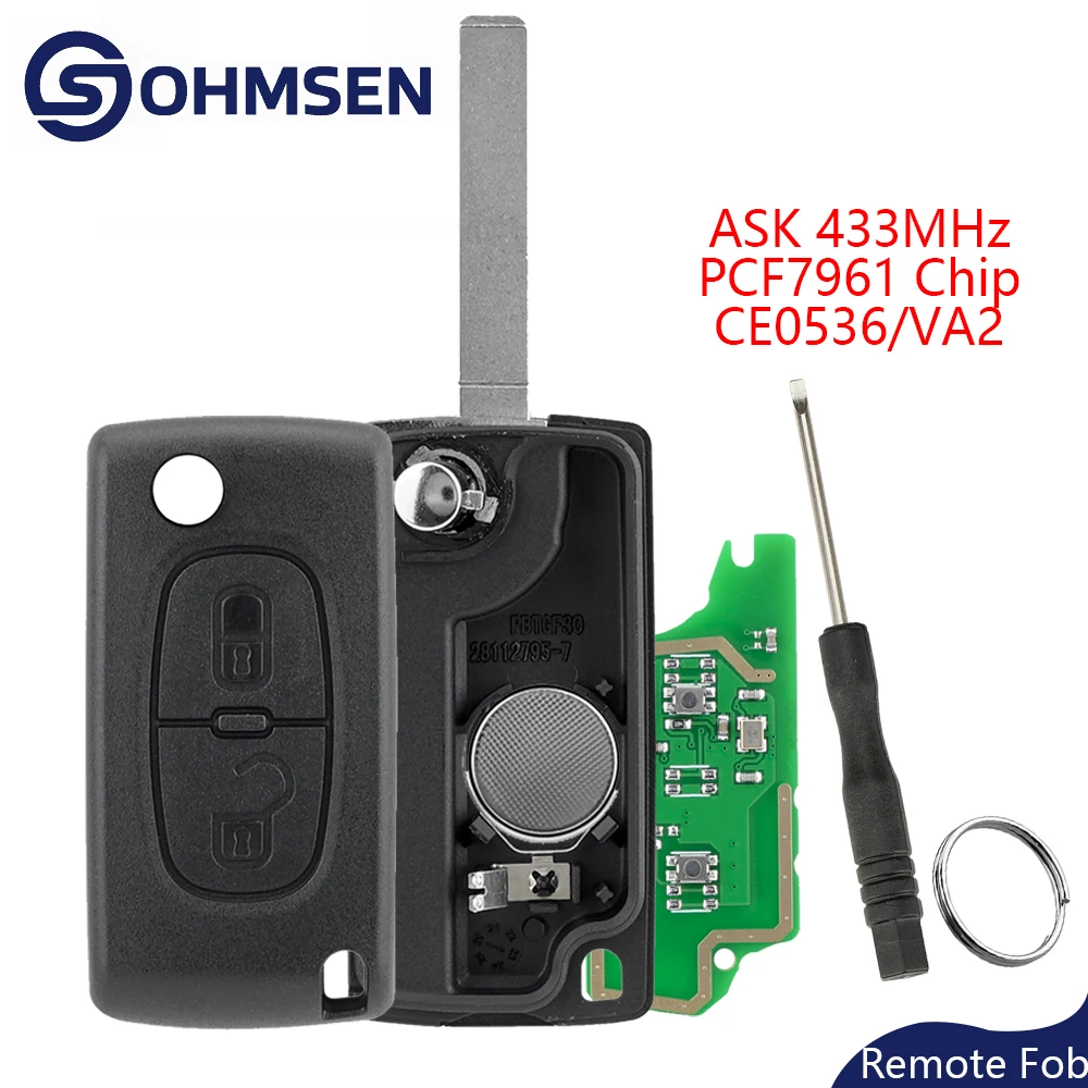 

OHMSEN для Peugeot Citroen: выкидной ключ-брелок Berlingo C2 C3 DS3 Partner 207 307 308, ASK 433 МГц, 2 кнопки, VA2 CE0536