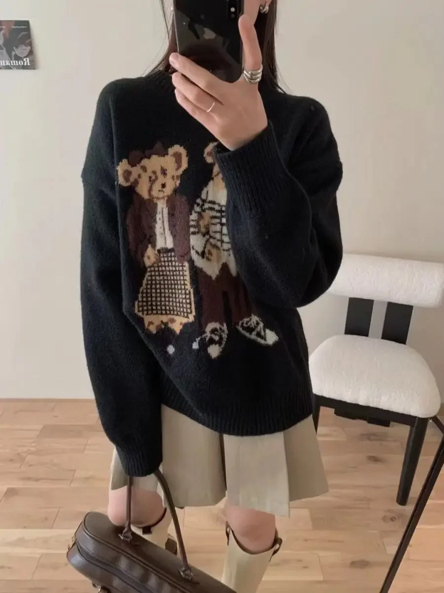 Gagarich Retro Cartoon Teddy Bear Jacquard Round Neck Knitted Sweater Women Autumn New Loose Slimming Soft Sticky Pullover Top