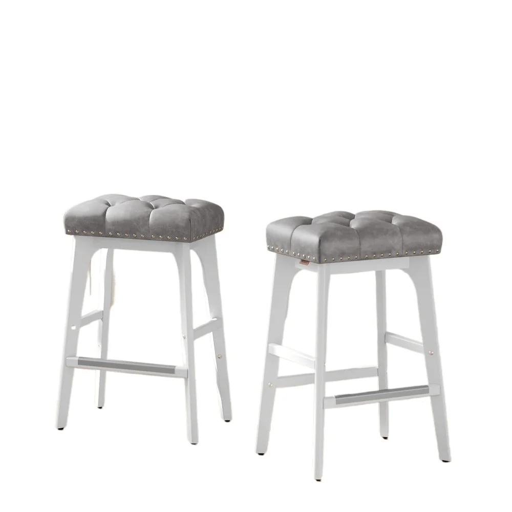 Bar Stools Set of 2, Counter Height Saddle Bar Stools, 26-Inch Backless Kitchen Stools with Wood Legs, PU Leather Thickened