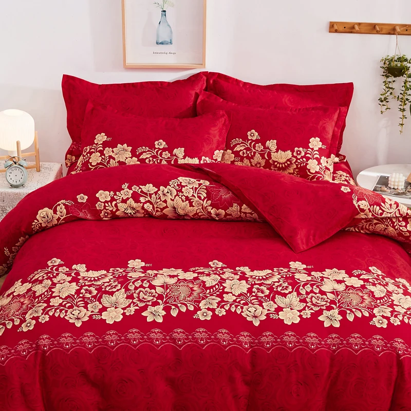 Red Rose Duvet Cover Queen Gold Botanical Floral Comforter Cover for Girl Women Lover Valentine Gift 3PCS Reversible Bedding Set