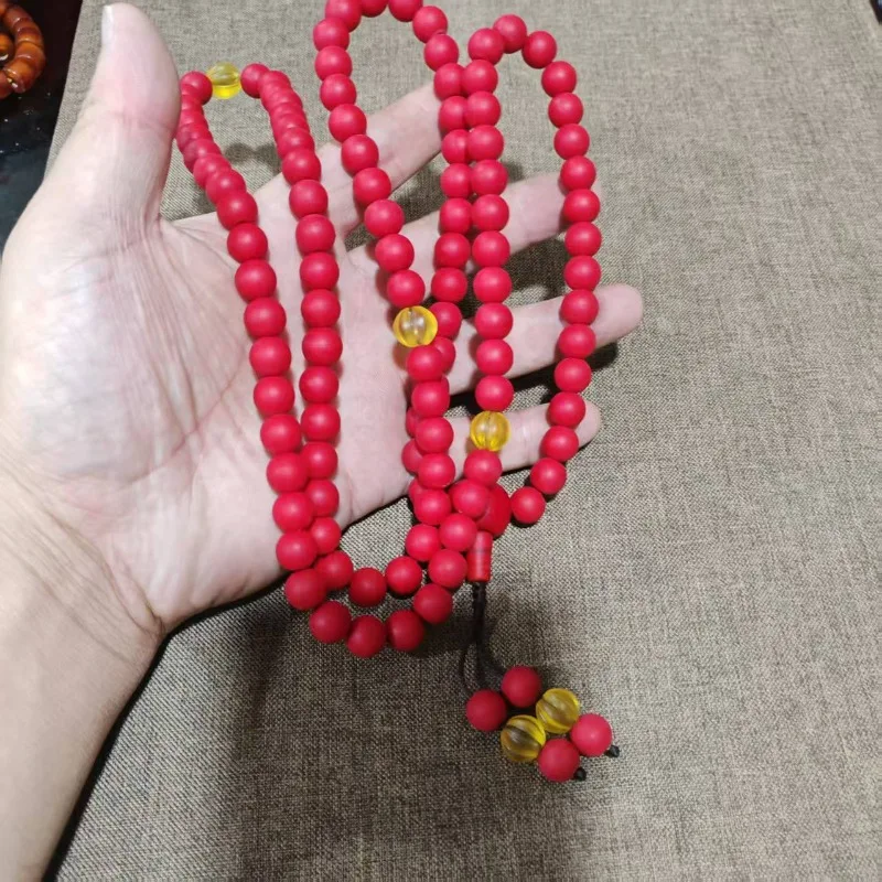 Unisex Retro Ethnic Long Necklace Matte‑Red Round Lampwork Glass Beads With Yellow Accent Beads Handcrafted Fashion Jewelry